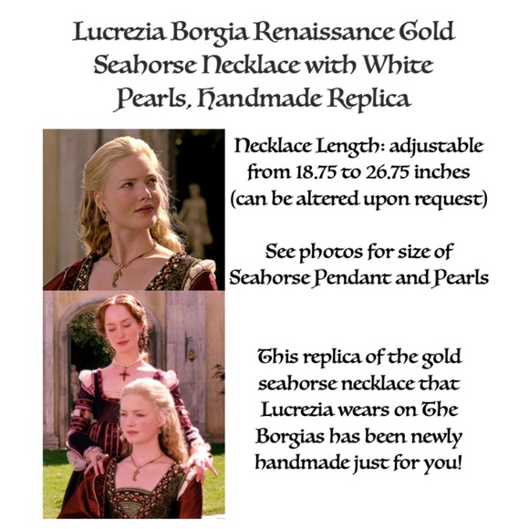 Lucrezia Borgia Gold Seahorse with Pearls Renaissance Necklace, Handmade Replica - Picture 15 of 16
